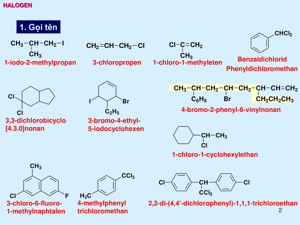 1. Gọi tên Benzaldichlorid 1-iodo-2-methylpropan 3-chloropropen