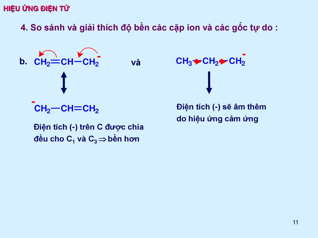 4. So sánh và giải thích độ bền các cặp ion và các gốc tự do :