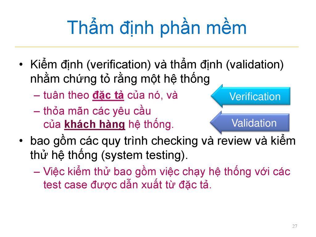 Thẩm định phần mềm Kiểm định (verification) và thẩm định (validation) nhằm chứng tỏ rằng một hệ thống.