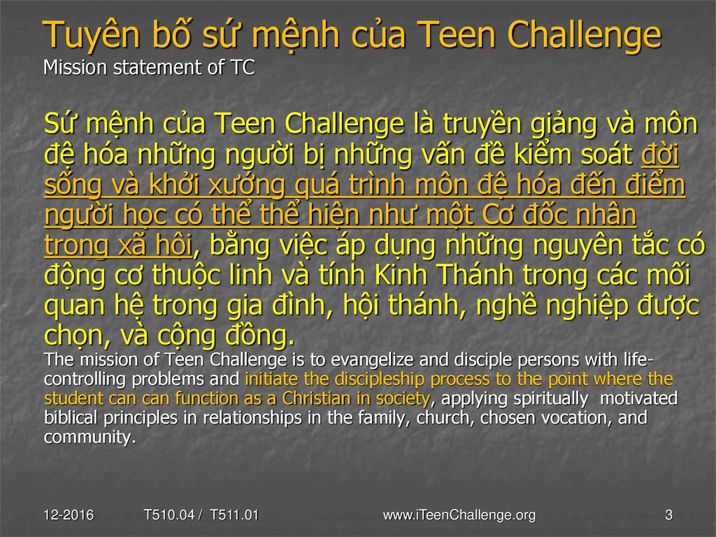 Tuyên bố sứ mệnh của Teen Challenge Mission statement of TC