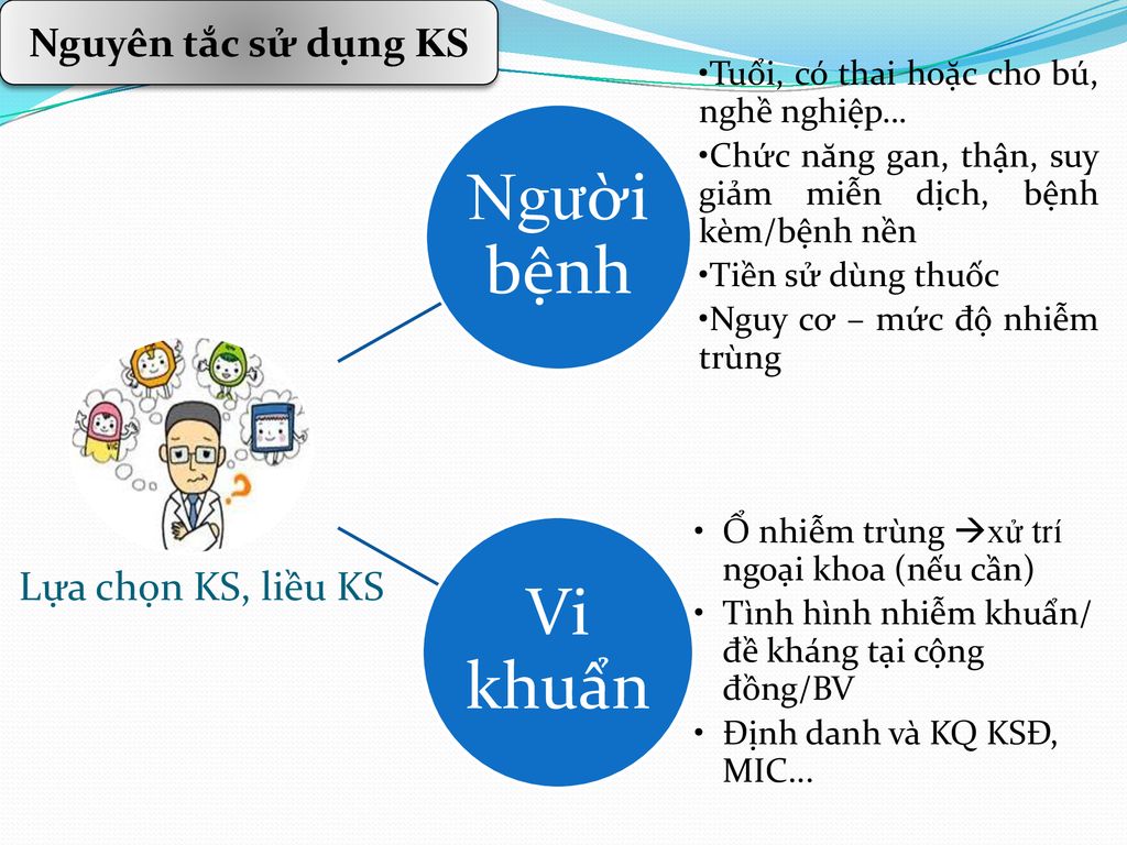 Người bệnh Vi khuẩn Nguyên tắc sử dụng KS Lựa chọn KS, liều KS
