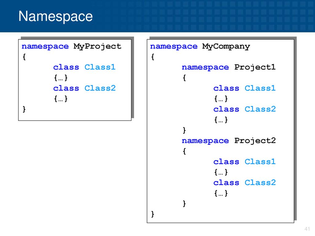 Namespace namespace MyProject { class Class1 {…} class Class2 {…} }