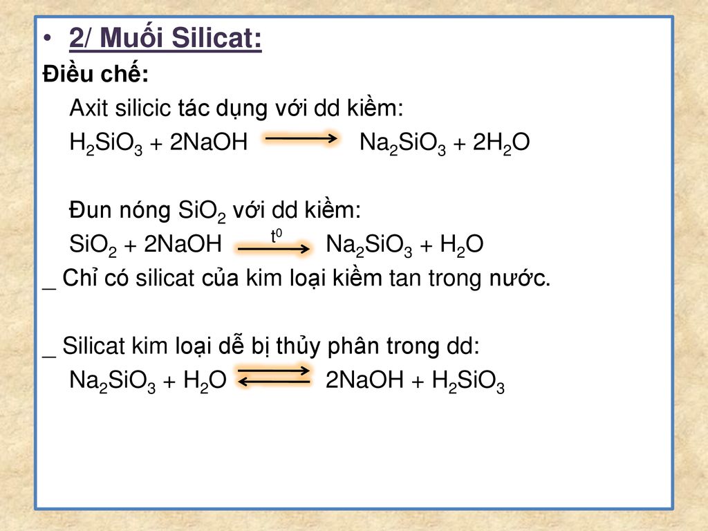 2/ Muối Silicat: Điều chế: Axit silicic tác dụng với dd kiềm: