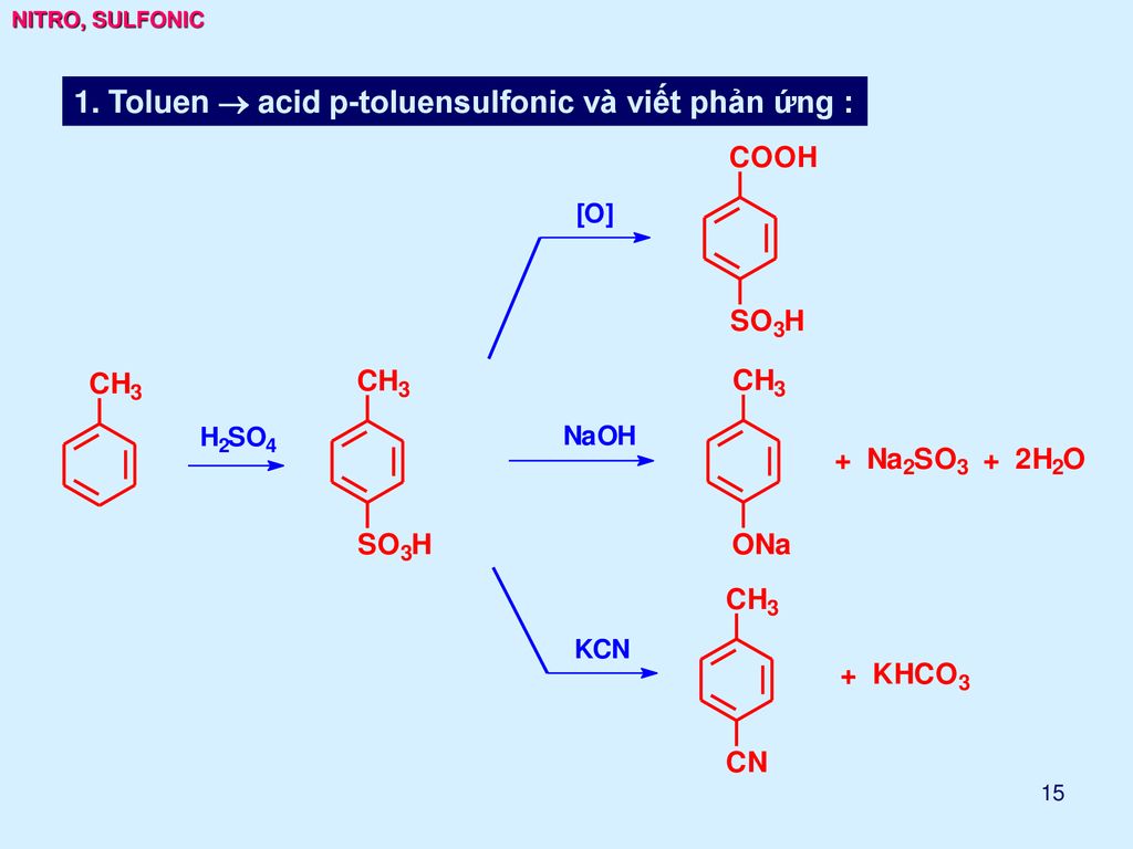 1. Toluen  acid p-toluensulfonic và viết phản ứng :