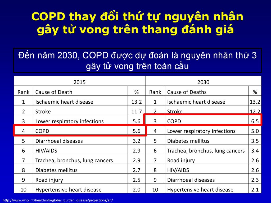 COPD thay đổi thứ tự nguyên nhân gây tử vong trên thang đánh giá