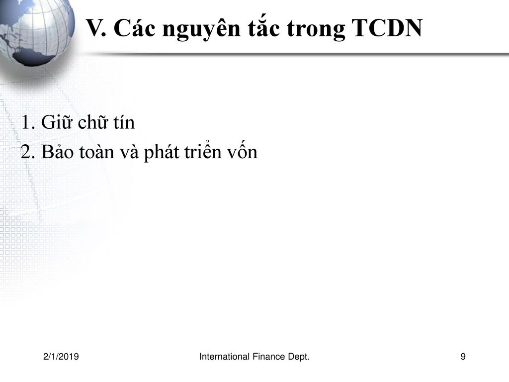 V. Các nguyên tắc trong TCDN