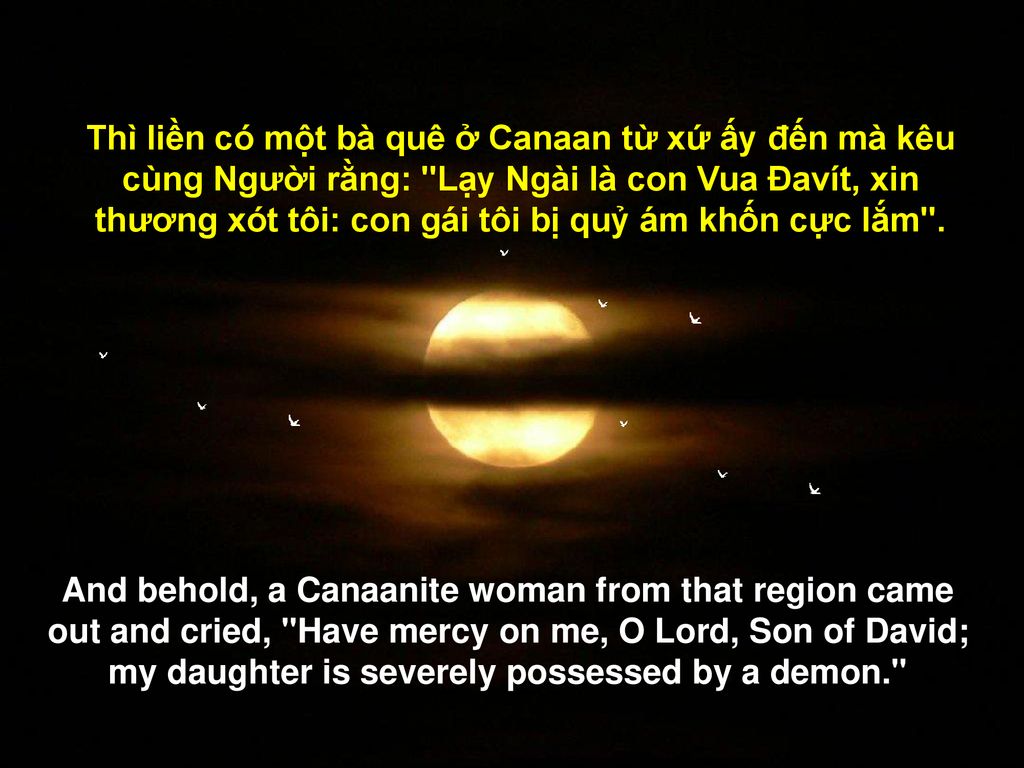 Thì liền có một bà quê ở Canaan từ xứ ấy đến mà kêu cùng Người rằng: Lạy Ngài là con Vua Đavít, xin thương xót tôi: con gái tôi bị quỷ ám khốn cực lắm .