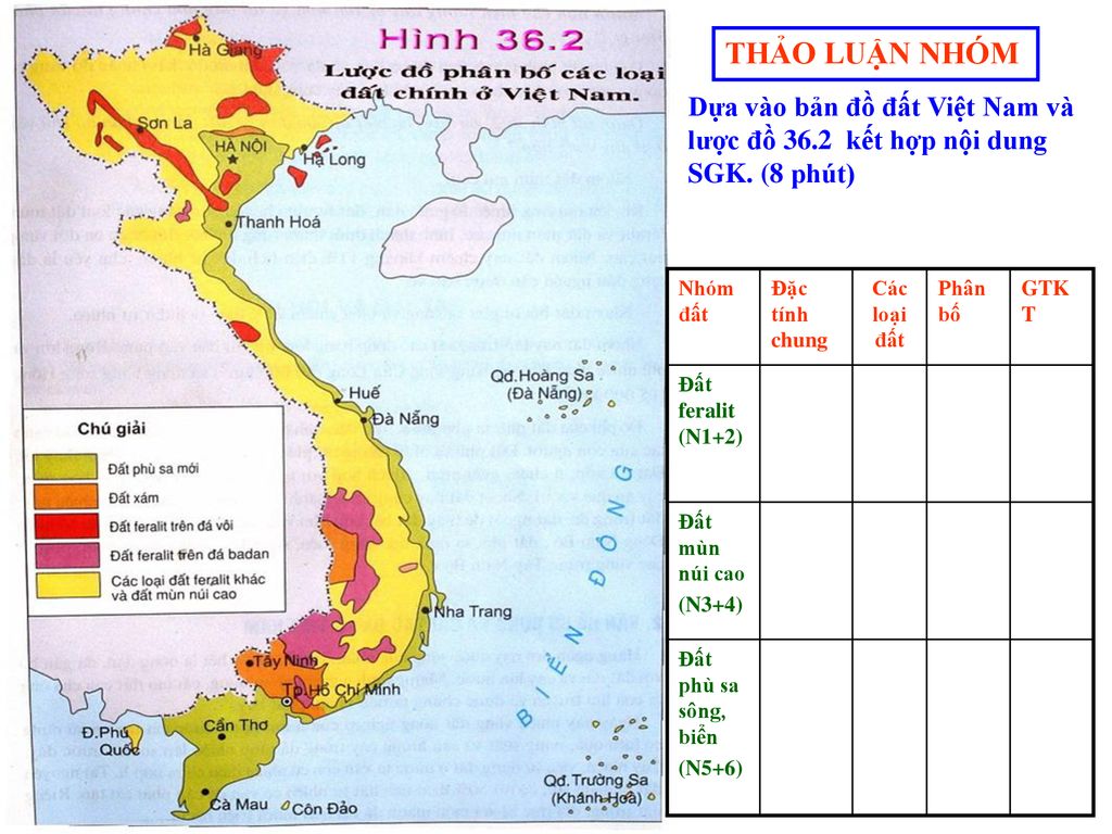 THẢO LUẬN NHÓM Dựa vào bản đồ đất Việt Nam và lược đồ 36.2 kết hợp nội dung SGK. (8 phút) Nhóm đất.