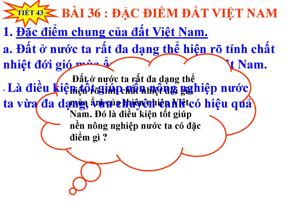 BÀI 36 : ĐẶC ĐIỂM ĐẤT VIỆT NAM 1. Đặc điểm chung của đất Việt Nam.