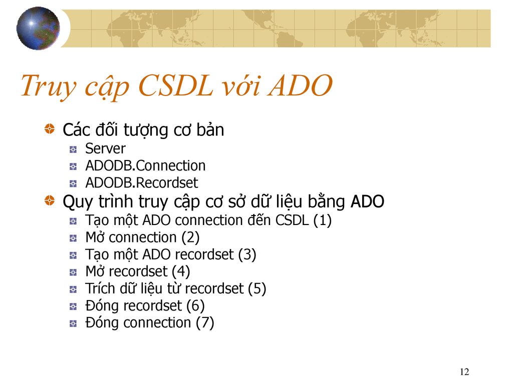 Truy cập CSDL với ADO Các đối tượng cơ bản