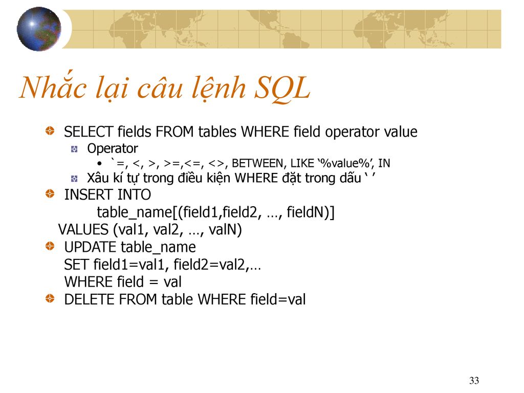 Nhắc lại câu lệnh SQL SELECT fields FROM tables WHERE field operator value. Operator. `=, <, >, >=,<=, <>, BETWEEN, LIKE ‘%value%’, IN.