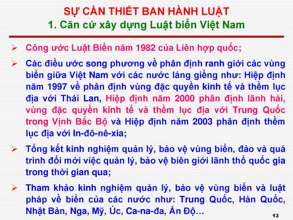 SỰ CẦN THIẾT BAN HÀNH LUẬT 1. Căn cứ xây dựng Luật biển Việt Nam