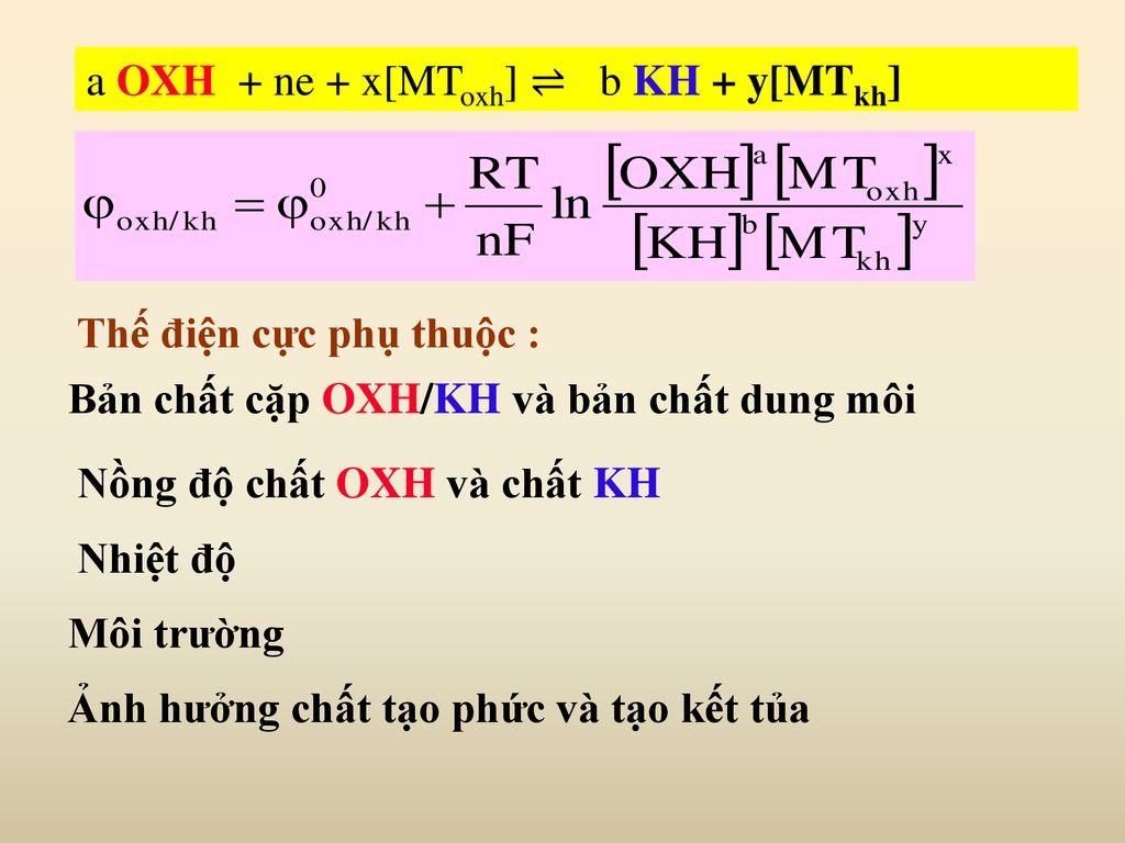 a OXH + ne + x[MToxh] ⇌ b KH + y[MTkh]