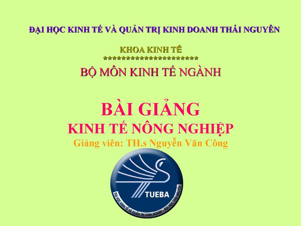 BÀI GIẢNG KINH TẾ NÔNG NGHIỆP Giảng viên: TH.s Nguyễn Văn Công