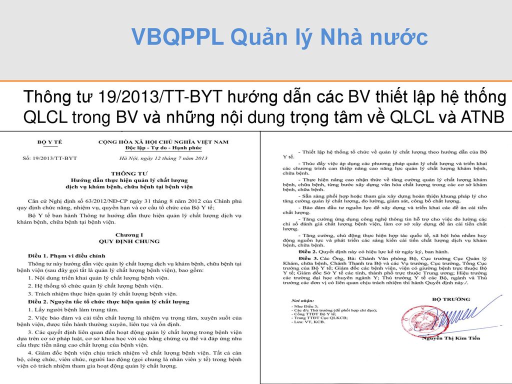 VBQPPL Quản lý Nhà nước Thông tư 19/2013/TT-BYT hướng dẫn các BV thiết lập hệ thống QLCL trong BV và những nội dung trọng tâm về QLCL và ATNB.