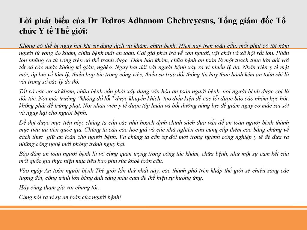 Lời phát biểu của Dr Tedros Adhanom Ghebreyesus, Tổng giám đốc Tổ chức Y tế Thế giới:
