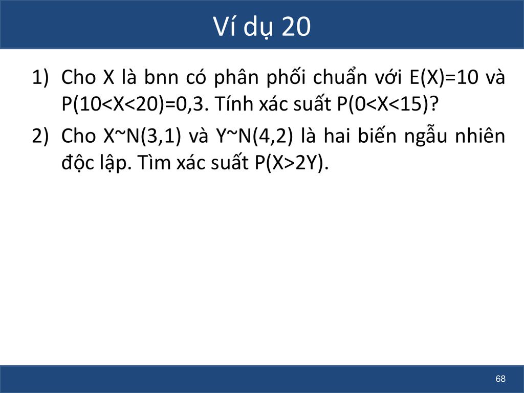 Ví dụ 20 Cho X là bnn có phân phối chuẩn với E(X)=10 và P(10<X<20)=0,3. Tính xác suất P(0<X<15)