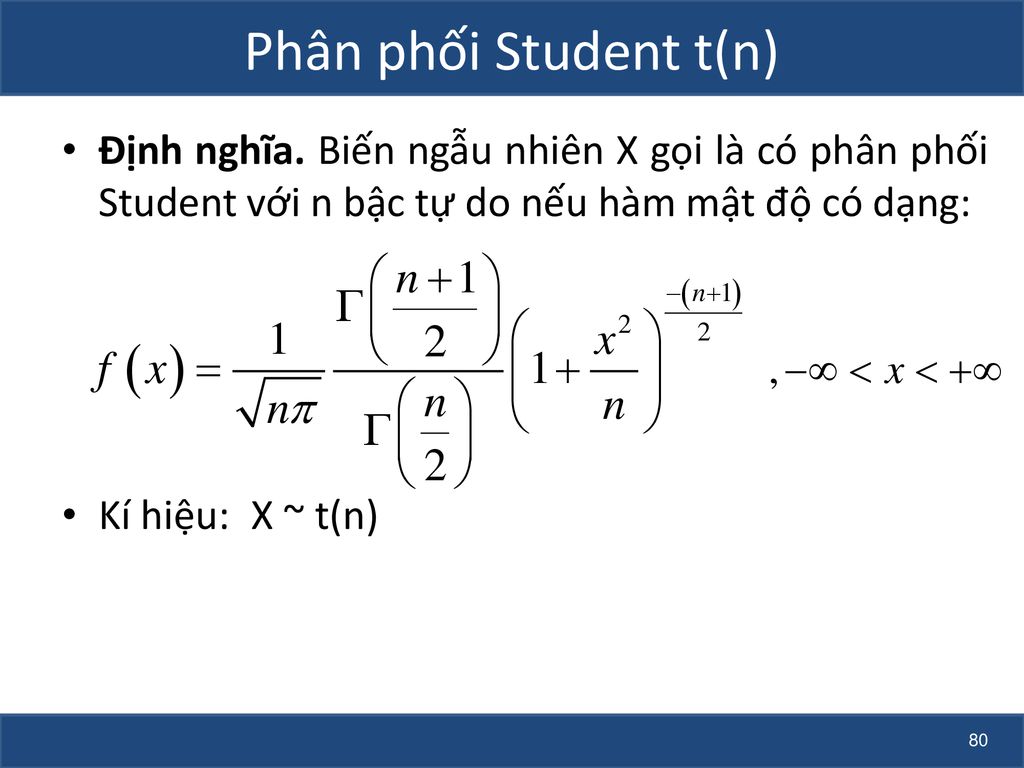 Phân phối Student t(n) Định nghĩa. Biến ngẫu nhiên X gọi là có phân phối Student với n bậc tự do nếu hàm mật độ có dạng: