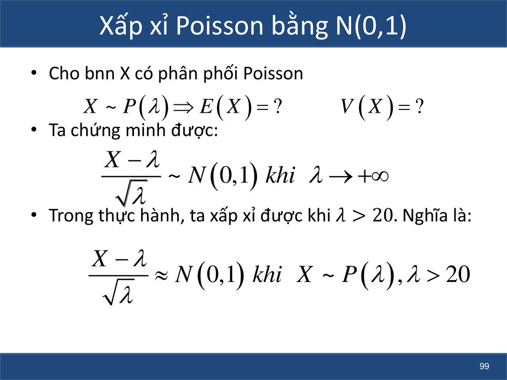 Xấp xỉ Poisson bằng N(0,1) Cho bnn X có phân phối Poisson